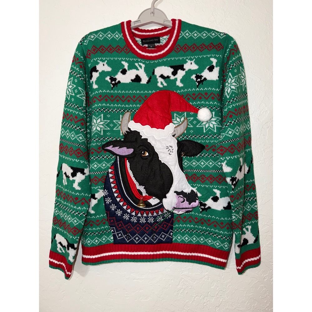 Blizzard Bay Cow 3D Jingle Bell Ugly Christmas Sweater Green Fair Isle Pattern M
